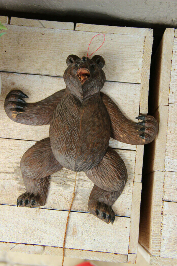 Rare Antique black forest wood carved bear wall strin pull toy