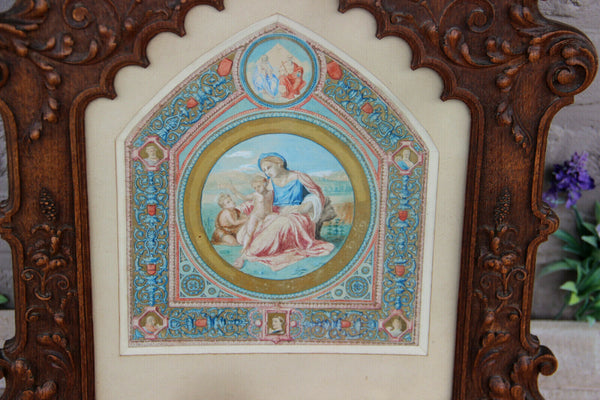 Antique Church Religious watercolour painting wood carved angel frame rare