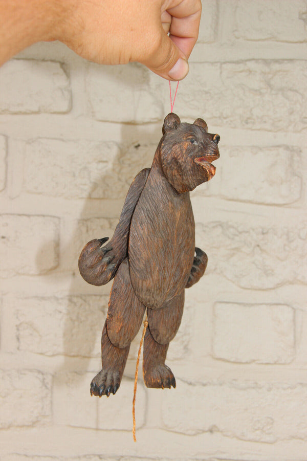 Rare Antique black forest wood carved bear wall strin pull toy