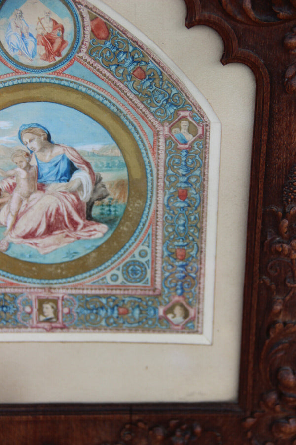 Antique Church Religious watercolour painting wood carved angel frame rare