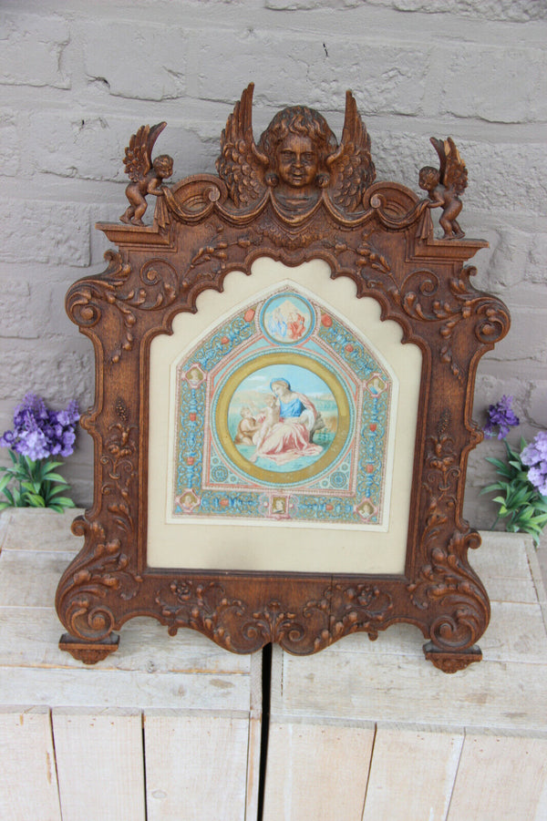 Antique Church Religious watercolour painting wood carved angel frame rare