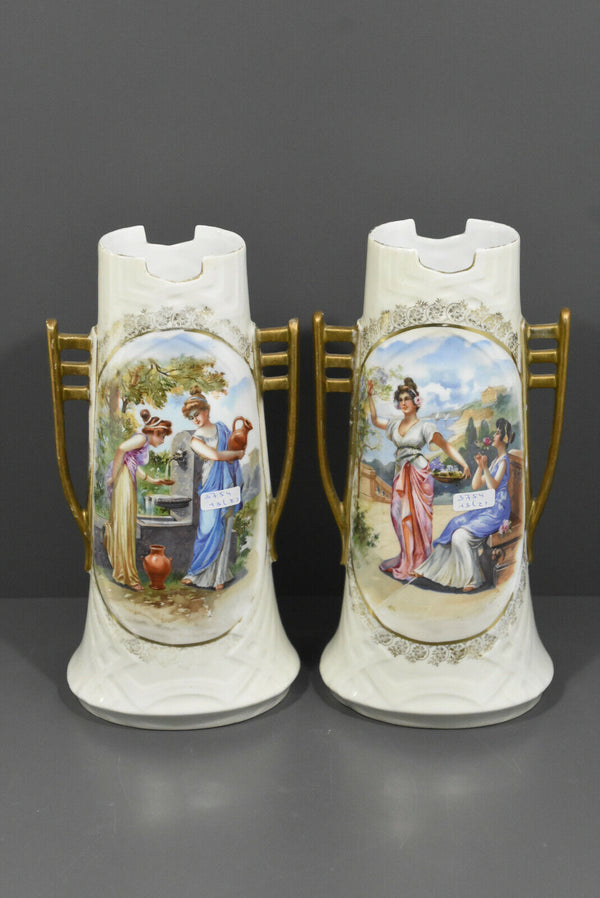 Antique PAIR Austrian marked porcelain vases lady romantic portraits 1910s