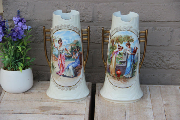 Antique PAIR Austrian marked porcelain vases lady romantic portraits 1910s