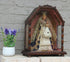 Antique French wood carved marked chapel with madonna child wax velvet glas