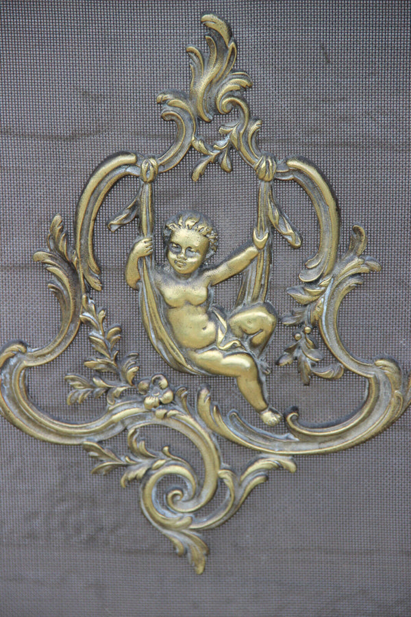 Antique French Bronze putti angel fireplace Screen rare