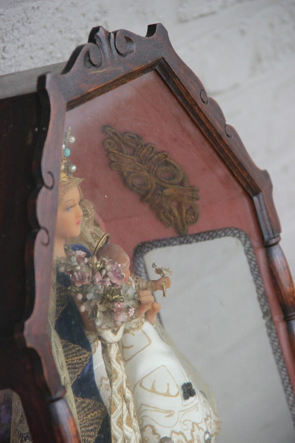 Antique French wood carved marked chapel with madonna child wax velvet glas