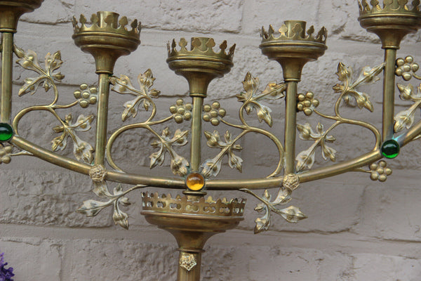 XXL Antique Altar church 7 arm bronze candelabra stones candle holder religious