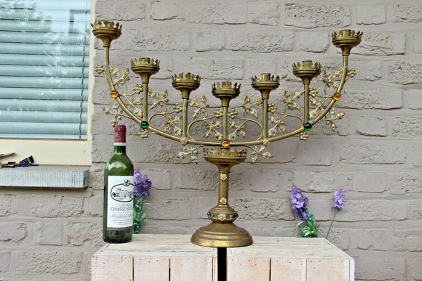 XXL Antique Altar church 7 arm bronze candelabra stones candle holder religious