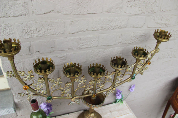 XXL Antique Altar church 7 arm bronze candelabra stones candle holder religious