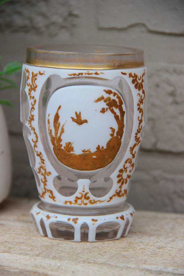 Vintage French crystal glass Enamel Bird scene Vase