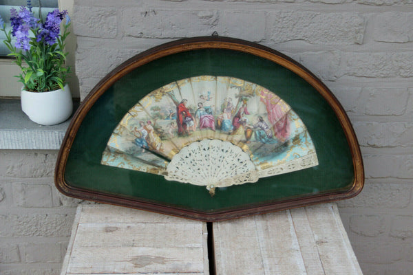 Antique 19thc Victorian hand paint fan wood frame glass putti angel scene