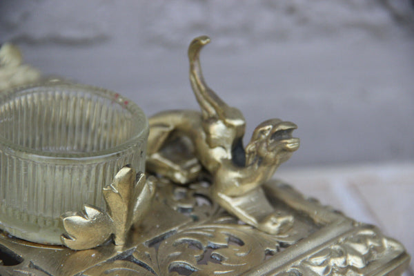 Vintage french Brass inkwell Gothic dragons putti head dog theme rare