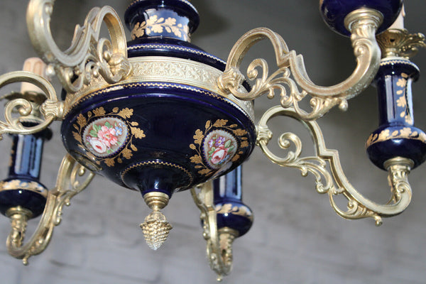 French Limoges cobalt blue porcelain chandelier floral decor 1970 rare lamp top