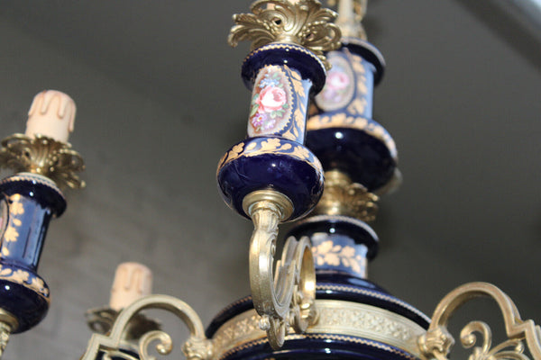 French Limoges cobalt blue porcelain chandelier floral decor 1970 rare lamp top