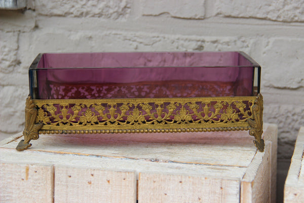 Antique French brass empire amethyst glass bowl centerpiece cornucopia horns