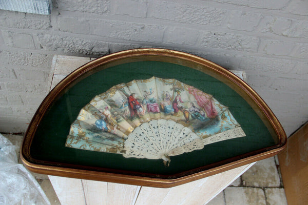 Antique 19thc Victorian hand paint fan wood frame glass putti angel scene