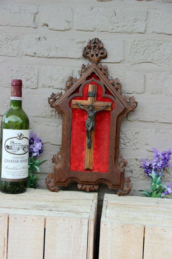 Rare antique black forest wood carved neo gothic frame crucifix velvet religious