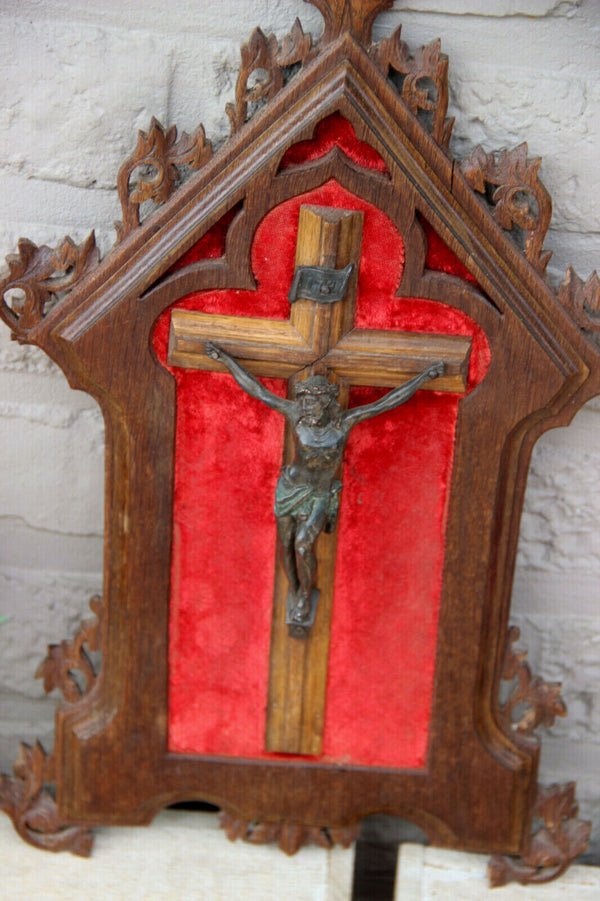 Rare antique black forest wood carved neo gothic frame crucifix velvet religious