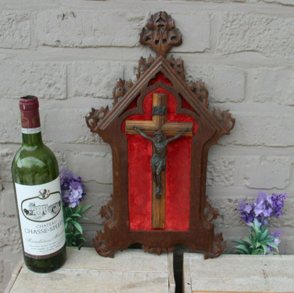 Rare antique black forest wood carved neo gothic frame crucifix velvet religious