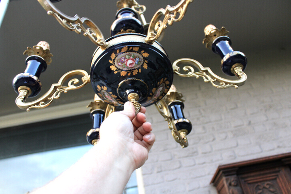 French Limoges cobalt blue porcelain chandelier floral decor 1970 rare lamp top