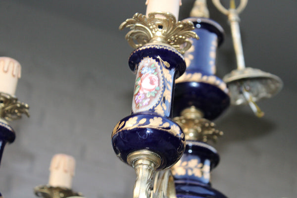 French Limoges cobalt blue porcelain chandelier floral decor 1970 rare lamp top