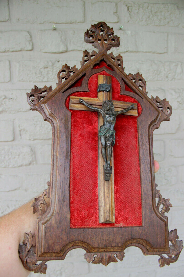 Rare antique black forest wood carved neo gothic frame crucifix velvet religious