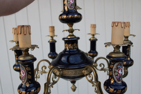 French Limoges cobalt blue porcelain chandelier floral decor 1970 rare lamp top