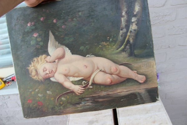 Antique Romantic oil on canvas putti cupido  cherub angel painting signed