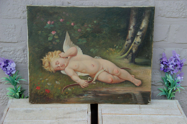 Antique Romantic oil on canvas putti cupido  cherub angel painting signed