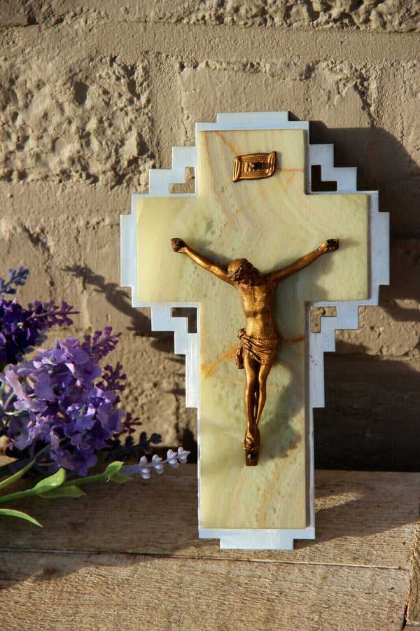 French vintage onyx marble metal chrome Christ crucifix cross religious