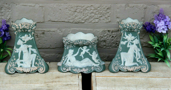 Set 3 Porcelain Jasperware Romantic putti art nouveau lady Vases centerpiece