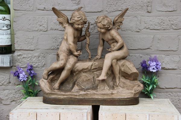 Top XL Antique terra cotta sculpture statue Angels putti playing dices signed