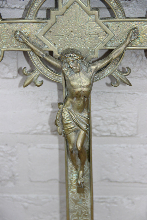 Antique XL church Religious Crucifix Bronze fleur de lys france