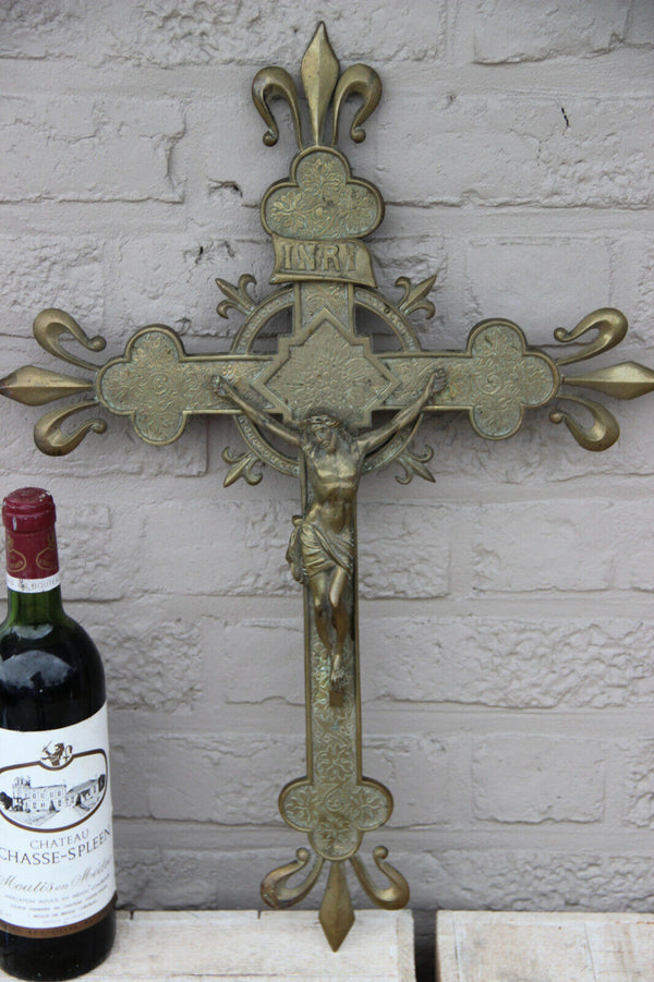 Antique XL church Religious Crucifix Bronze fleur de lys france