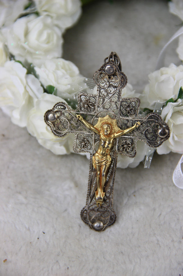 Antique XIX Silver filigree crucifix cross pendant religious jewelry