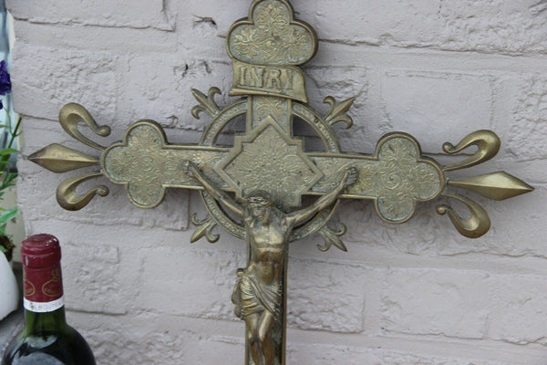 Antique XL church Religious Crucifix Bronze fleur de lys france