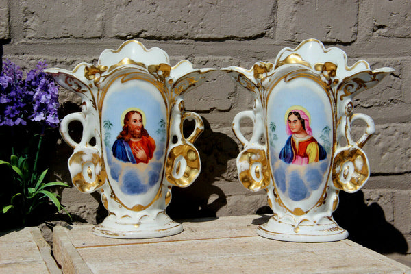 Pair antique french vieux paris porcelain jesus madonna portrait Vases religious