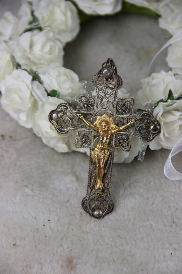 Antique XIX Silver filigree crucifix cross pendant religious jewelry