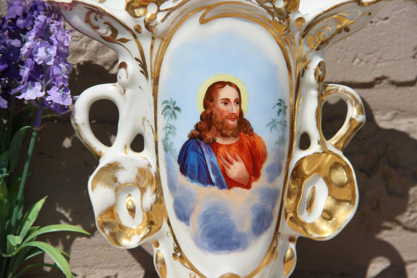 Pair antique french vieux paris porcelain jesus madonna portrait Vases religious