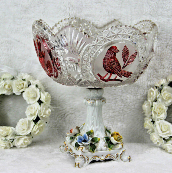 Bohemian Crystal art glass birds centerpiece coupe bowl capodimonte porcelain