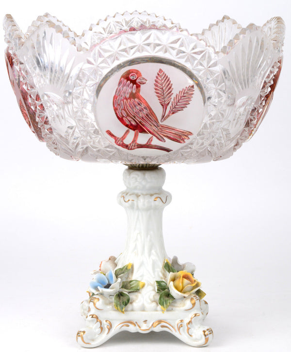 Bohemian Crystal art glass birds centerpiece coupe bowl capodimonte porcelain