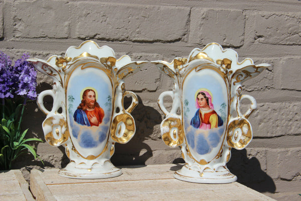 Pair antique french vieux paris porcelain jesus madonna portrait Vases religious