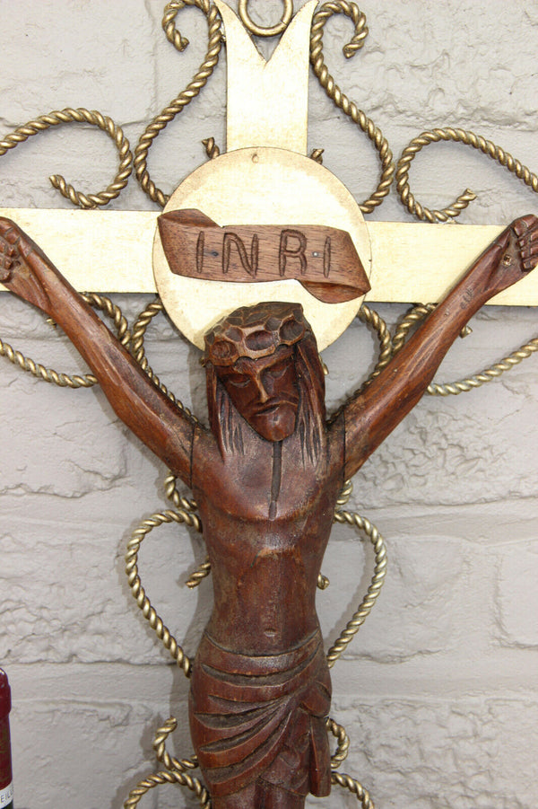 LARGE Wood carved Christ crucifix iron gold gilt religious cross