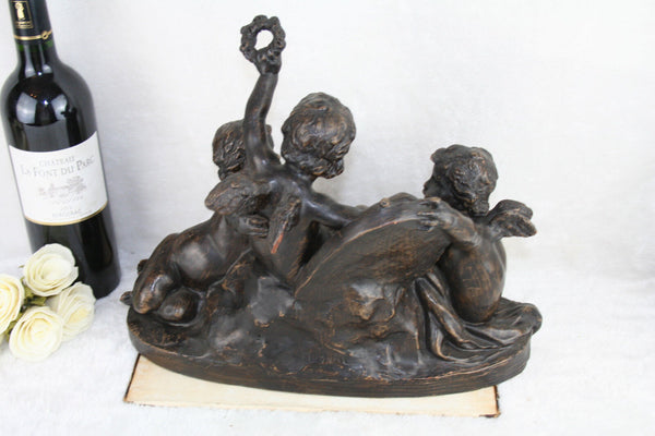 French TerraCotta Sculpture Cherubs putti playing Magnier marked  group