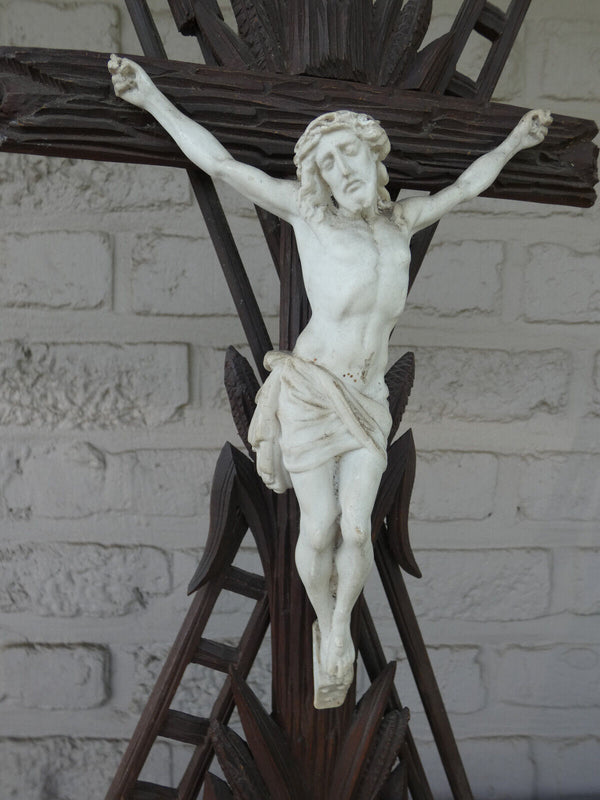 Antique large Wood carved crucifix ceramic chalk corpus religious