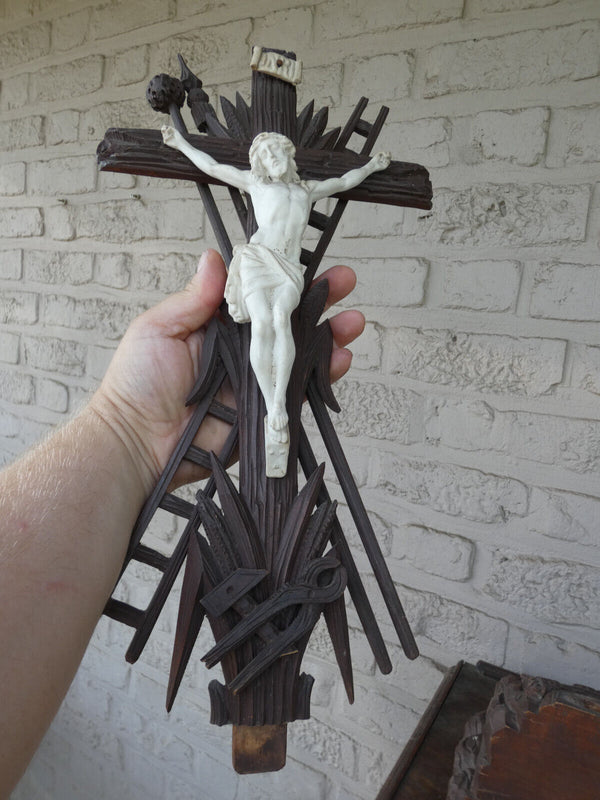 Antique large Wood carved crucifix ceramic chalk corpus religious