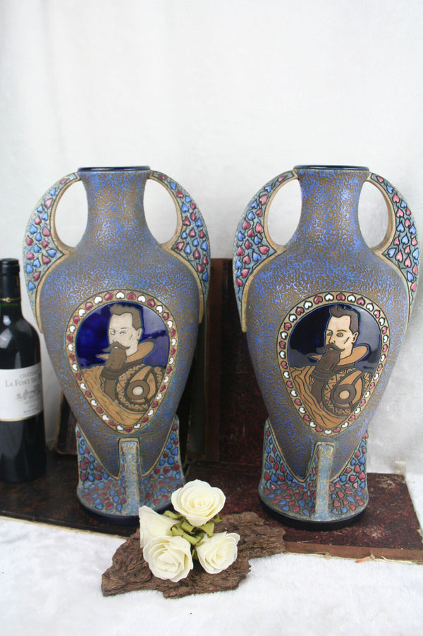 PAIR Czech Rare antique AMPHORA pottery vases knight portraits art deco period