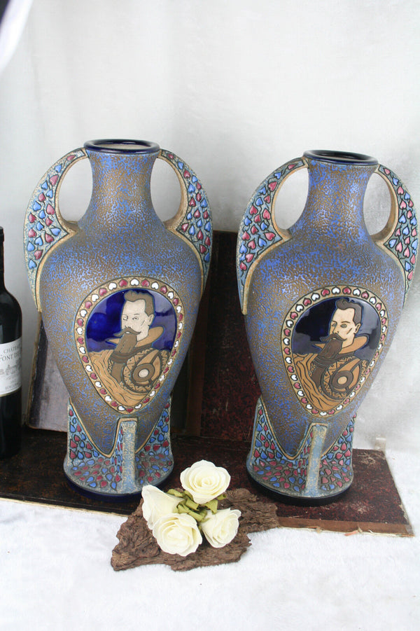 PAIR Czech Rare antique AMPHORA pottery vases knight portraits art deco period