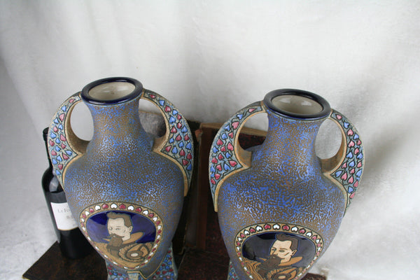 PAIR Czech Rare antique AMPHORA pottery vases knight portraits art deco period