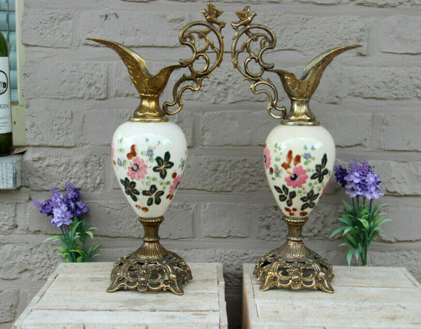 PAIR antique French faience Ewers vase with bird figurine floral decor